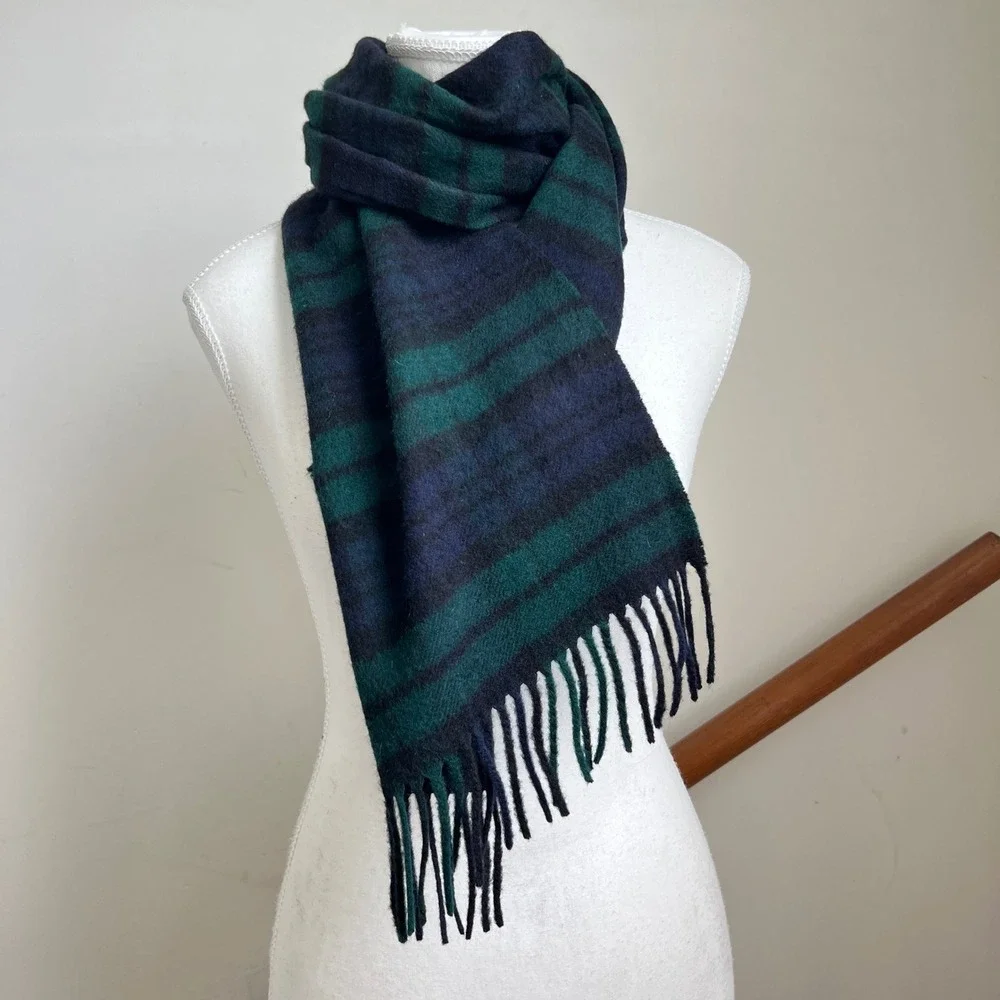 Vintage Scots Regal Scarf Green Blue Blackwatch Plaid 100% Cashmere Scotland